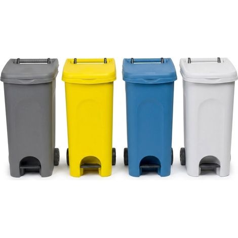 4 Bidoni 80 Litri grigio,bianco,giallo,blu Carrello con Ruote Pedale coperchio Raccolta spazzatura Differenziata da Esterno Interno Anello Ferma Sacco Contenitore Secchio Rifiuti domestico professiona (1/5)
