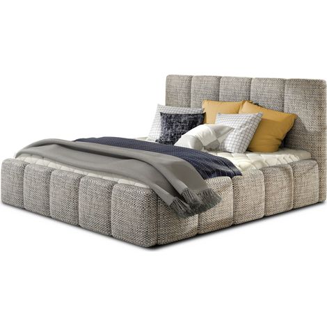 Lit adulte avec coffre de rangement Vika – Tissu capitonné-Gris chiné-140x200 (1/5)