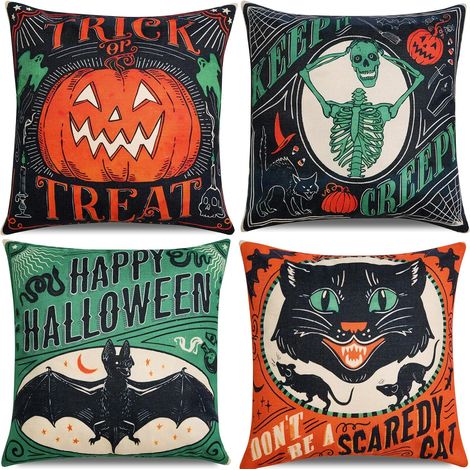 Decoraciones vintage de Halloween - Fundas de cojín de 45x45 cm (juego de 4) Fundas de cojín retro de lino con diseños de gatos terroríficos y calabazas. (1/5)