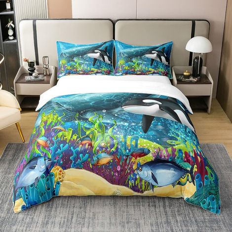 Housse de couette 100 % coton 3D - 135 x 200 cm - Motif : baleine tueuse - Pour enfants garçons et adolescents - Motif : algues marines multicolores - Décoration de chambre à coucher (1/5)