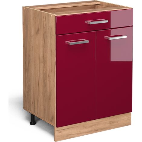 Mueble bajo de cocina R-Line, Rojo Burdeos alto brillo, 60 cm con cajón, sin encimera, Vicco