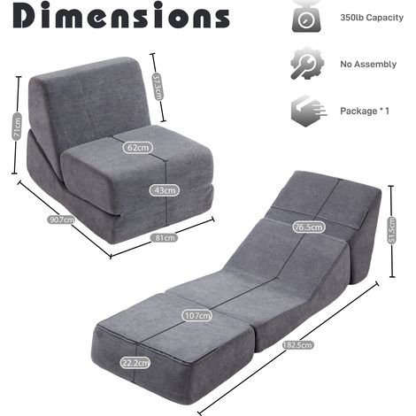 Canapé-lit adulte compact gris, convertible en chaise longue, matelas triple pliable en mousse, mini canapé lounge convertible