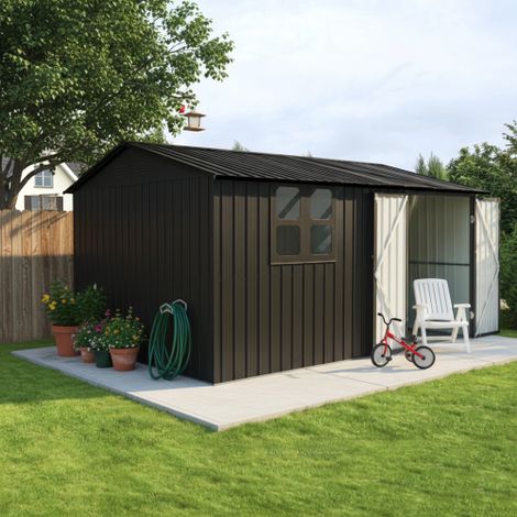 Abri de jardin métal 10m² noir, remise extérieure acier avec porte battante, serrure et fenêtre, cabanon toit double pente