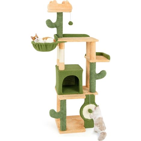 Arbre à chat cactus multi-niveaux 160 x 41 x 31 cm avec perchoir en peluche et poteaux à griffer en sisal en vert orange