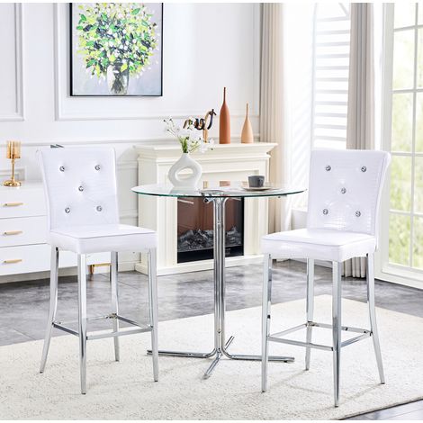 Lot de 2 tabourets de bar blancs, dossier haut, aspect cuir crocodile, pieds chromés, REDOM (1/5)