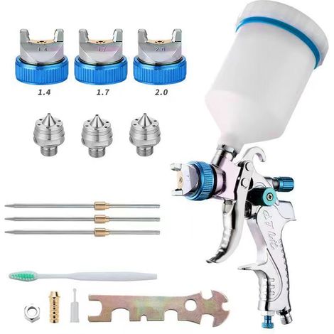 Pistola a spruzzo professionale, kit pistola a spruzzo ad aria compressa ad alta pressione, pistola a spruzzo pneumatica HVLP da 600 cc con alimentazione a gravità, ugelli da 1,4 mm/1,7 mm/2,0 mm (blu