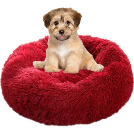Panier Chien Chat Moelleux Rond Lits pour Chats, Fluffy Lit pour Chien Donut Anti Stress Peluche Confortable Lavable pour Chien Chat  ,rouge, diamètre 70cm (1/4)