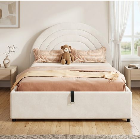 Letto imbottito per bambini in velluto beige 140x190 cm con testiera, rete a doghe e vano contenitore idraulico