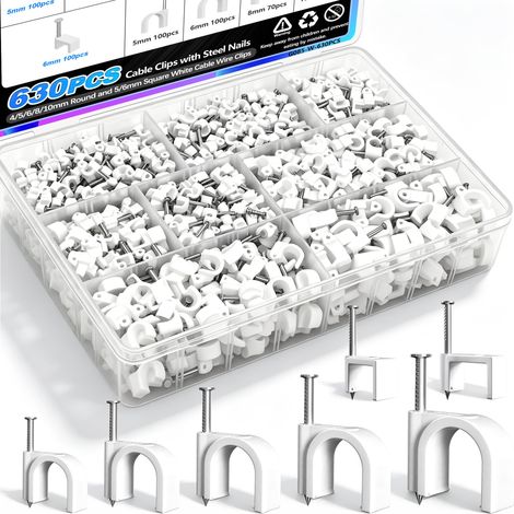 Lot de 630 serre-câbles en acier, 4/5/6/8/10 mm ronds et carrés de 5/6 mm, serre-câbles blancs en fil, serre-câbles RG6 RG59 CAT6 RJ45 (1/5)