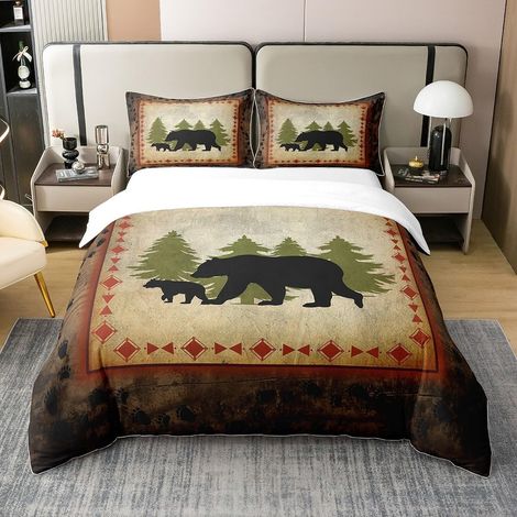 Housse de Couette Ours en Coton, Parure de Lit 200x200 Ours Rustique de Ferme, Ensemble de Literie Ours Sauvage, Décoration d'un Chalet Ou d'une Cabane, Couvre Lit Marron Vert, 3 Pièces (1/5)