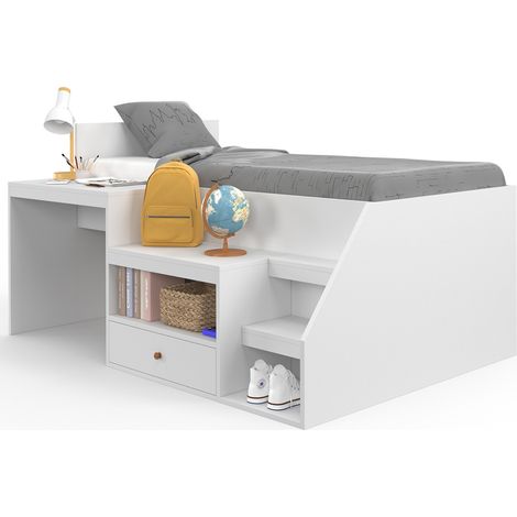 Idmarket – Lit combiné 90 x 190 cm avec sommier à lattes – Bureau intégré et rangements – Panneaux de particules blanc – Design moderne et fonctionnel