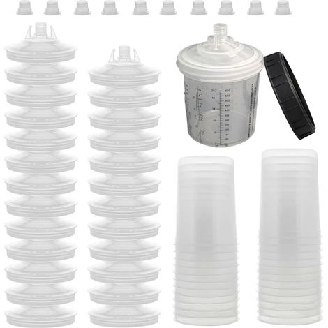 Ensemble De Godets Jetables 600Ml Pour Pistolets À Peinture Hvlp Et Lvlp,Kit De Tasse De Mélange De Peinture Comprenant 30 Filtres,30 Gobelet Et Couvercles,10 Bouchons Et 2 Adaptateurs Pour Godets (1/5)