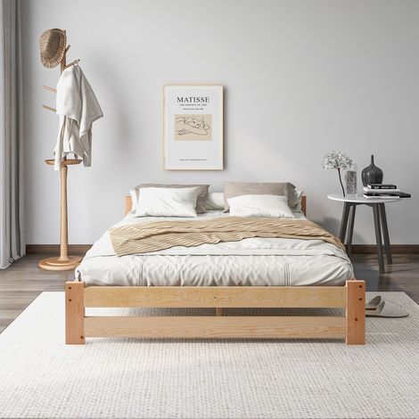 Lit de futon en bois massif, lit naturel en bois massif, avec tête de lit et cadre à lattes, naturel (200 x 140cm)