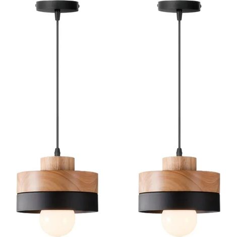 2x Moderne Suspension Luminaire Industriel,Vintage Lustre Abat-jour en Bois Design Colonne E27 Lampe de Plafond Style Nordique (1/5)