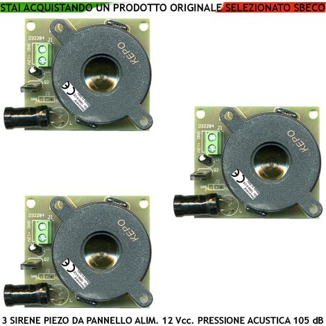 Sirena Piezoelettrica 3 Pezzi Acustica 105 dB Acustica Bitonale A/B 1500 +/- 4000 Hz Alimentazione 12 Vcc Morsetti Polarizzati Assorbimento 80 mA Fissaggio a Pannello Interno Tramite 4 Fori IP30 (1/2)