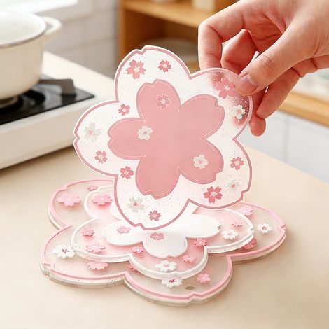 Set de dessous-de-plats fleur de cerisier, anti-chaleur, PVC, pour table et cuisine (1/4)