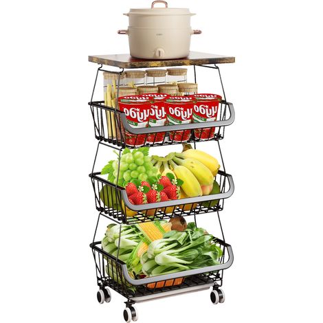 Cestas de Frutas y Verduras Colgantes de 4 Niveles, Cesta de frutas con tapa de madera, Organizador Cocina, Frutas, Verduras, Artículos de Tocador (1/5)