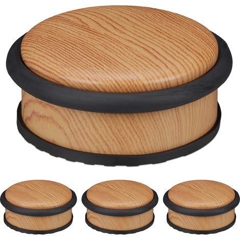 Relaxdays Set of 4 Door Stoppers, for Heavy Doors, Stainless Steel, Rubber, Wood Effect, HxØ: 5 x 10.5 cm, Light Brown
