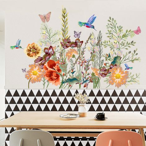 Lntyq Autocollants muraux fleur papillon jardin colibri fleur autocollants muraux chambre salon mur TV
