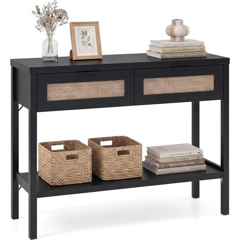 COSTWAY Tavolo Consolle Tavolino Da Divano Consolle Ingresso Tavolo D’Ingresso In Legno Robusto Ampio Piano Di Appoggio 2 Cassetti Portaoggetti In Pe Rattan R (1/5)