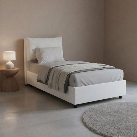 Dmora - Cama individual Diovin, Cama contenedor con tapizado en ecopiel, 100% Made in Italy, Apertura frontal, adecuado para colchón 80x190 cm, Blanco (1/5)