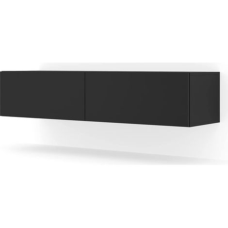 Bim Furniture – Meuble TV mural suspendu 140x40x30cm – Noir mat – Panneaux laminés 16mm – Portes abattantes pour accès facile – Design moderne