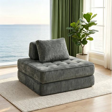 Canapé convertible 1 place gris en tissu doux, avec coussin et dossier, structure sans accoudoirs, format compact pour salon et chambre au quotidien  CHICFURN (1/5)