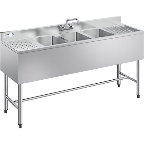 Évier de Cuisine à 3 Cuves de 25,4x35,6x25,4 cm, Évier Autoportant pour Station de Bar 152,4 cm, pour Restaurant Camion-restaurant Bar Maison, en Inox 304 de Calibre 18, avec Double Égouttoir (1/5)