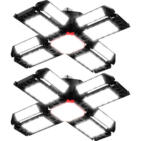 LED Workshop Lighting, 2-Pack, Deformable Ceiling Light with 12 Adjustable Panels - E26/E27, Workshop Light, Basement Light (1/5)