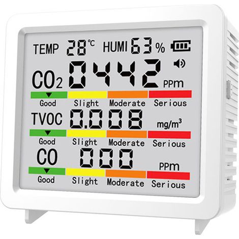 Moniteur 5 en 1 pour CO2 TVOC avec capteur de température et d'humidité, portable, pour intérieur et extérieur, idéal pour la maison, le bureau et la voiture (blanc). (1/5)