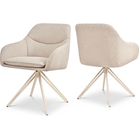 Bon Furni Webstoff Esszimmerstuhl Beige mit weißen Beinen, 2er, 360° drehbar, dick gepolstert, ergonomisch mit Armlehnen