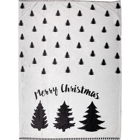 Plaid de Noël Chaud et Décoratif en Polyester Blanc et Noir Motif Sapins 130 x 170 cm - PANGIVO