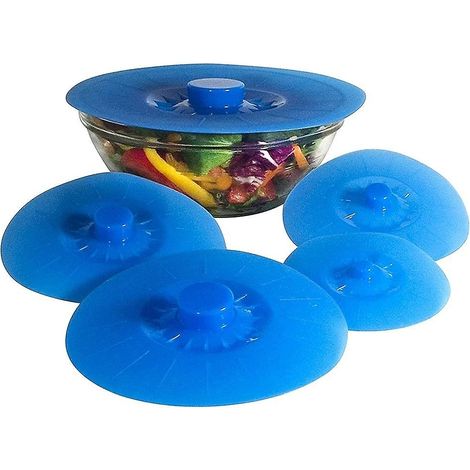 Couvercles en silicone réutilisables et hermétiques pour bols et casseroles. Prise en main naturelle, faciles à utiliser et à ranger. (1/5)
