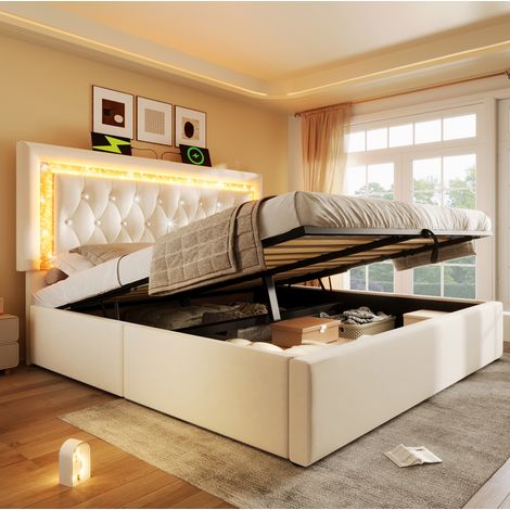 Cama tapizada 160x200 cm con tira LED, USB/Type-C y arcón, beige HAVRYA (1/5)