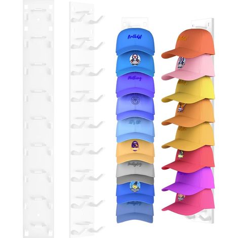 Lot de 2 supports de casquette autocollants pour jusqu'à 18 chapeaux, sans perçage, pour rangement de casquettes de baseball, pour chambre, porte, armoire (blanc)