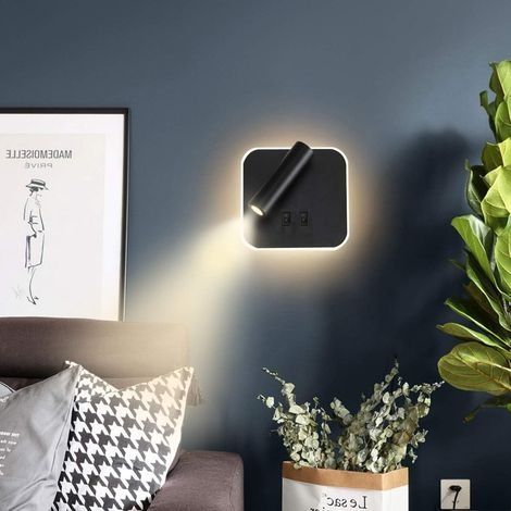 Nachttischlampe LED-Wandleuchte für den Innenbereich, Hotelwandleuchte, Flurwandleuchte mit Schalter, Schwarz, 3 W + 10 W (Quadratisch) (1/4)