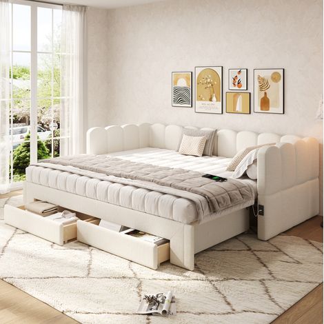 Daybett 90x200/180x200 cm Beige Leinen mit 2 Schubladen, Ausziehfunktion und USB/Typ-C-Anschluss (1/5)
