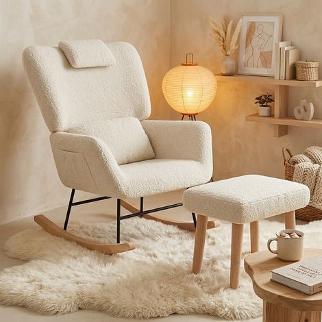 Fauteuil à bascule 77x75x92.5 cm avec repose-pieds rocking chair ergonomique en tissu bouclé laine d'agneau pour salon chambre - Beige (1/5)