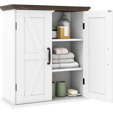 COSTWAY Mobile da Parete per Bagno, Specchiera bagno Farmhouse per Farmacia con 2 Ante e Ripiani Regolabili, Specchio Contenitore per Soppalco Sopra il WC per Cucina, Lavanderia e Ingresso (1/5)
