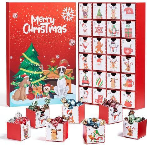 Calendrier de l'Avent pour chiens, cadeaux de Noël pour les amoureux des chiens, calendrier de l'Avent à faire soi-même pour enfants et animaux de compagnie avec 24 cases