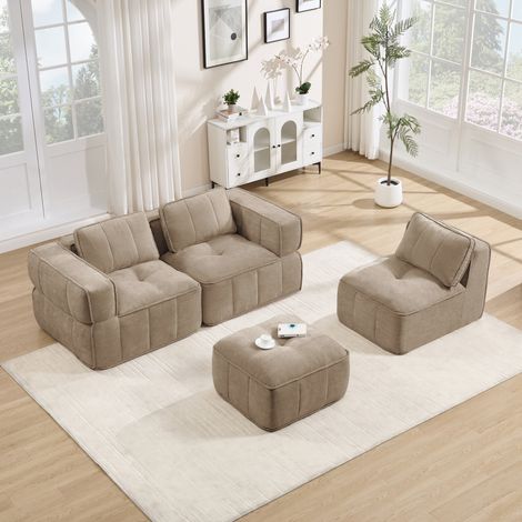 Divano angolare modulare 271x162x67 cm in poliestere sabbia con pouf - MEUBLIV (1/5)