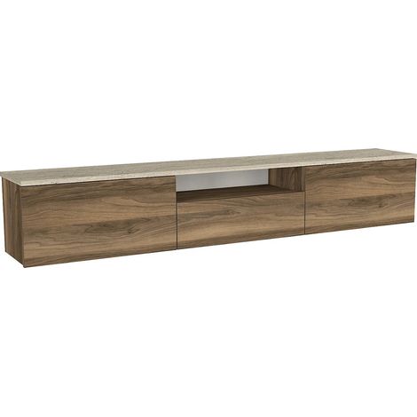 Meuble TV suspendu avec 3 portes et 1 niche - Naturel foncé et effet travertin beige - LOTULA