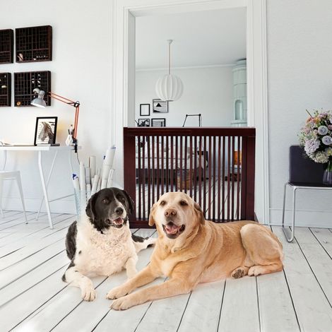Barrière autoportante modulable 3 panneaux en bois de pin finition cerise, barrière ajustable et pliable pour chiens et chats (1/5)