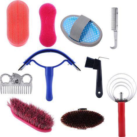 Kit de toilettage pour chevaux 10 pièces comprenant brosse, étrille et outils de nettoyage. (1/5)
