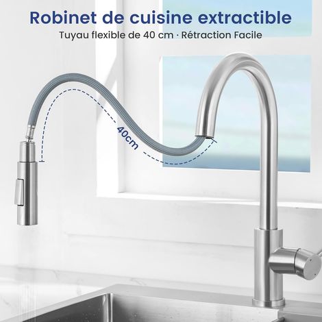 Robinet Cuisine Douchette, Mitigeur Cuisine avec Douchette Extractible 2 Modes de Pulvérisation, Robinetterie Evier de Cuisine Pivotant à 360° Chaud et Froid en Acier Inoxydable - SÉRIE SOFETIY (1/3)
