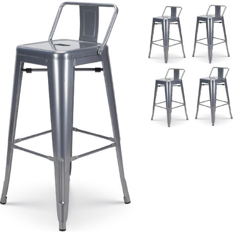 Set mit 4 Barhockern aus silbergrauem Metall im glänzenden Industriestil - Mit Rückenlehne - Höhe 66cm