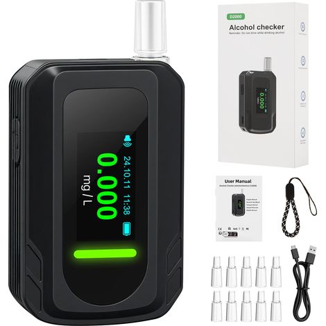 Etilometro - Etilometro elettronico, tester per alcol con sensore elettrochimico e controllo a 1 pulsante, etilometro con 10 bocchini, test accurato per la polizia dell'alcol nel sangue