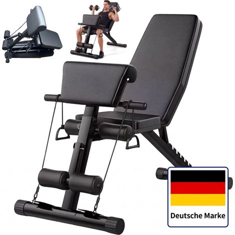 Relaxdays Hantelbank, bis 200 kg, klappbar, verstellbar, Zugbänder, Bizeps-Pad, Home Gym, Multifunktionsbank, schwarz (1/5)