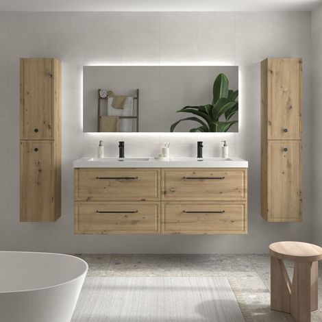 Mueble de Baño RUNA 140cm Roble 4 cajones Lavabo Toscana 2 pozas Carga Mineral (1/5)