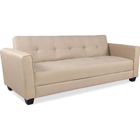 Paris Prix – Canapé convertible 3 places beige 200cm – Bois & tissu – Design pratique – Couchage 98cm – À monter soi-même (1/4)